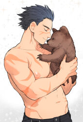 Rule 34 | 1boy, animal, bara, bear, black hair, black pants, closed eyes, closed mouth, facial scar, golden kamuy, holding, holding animal, large pectorals, male focus, muscular, muscular male, navel, nipples, onnomono, pants, pectorals, scar, scar on arm, scar on cheek, scar on chest, scar on face, scar on mouth, scar on nose, short hair, simple background, smile, sugimoto saichi, topless male