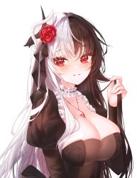 Rule 34 | 1girl, absurdres, black hair, black leotard, breasts, choker, cleavage, commission, flower, frilled choker, frills, hair flower, hair ornament, hand up, highres, jewelry, juliet sleeves, large breasts, leotard, less (neverless), long hair, long sleeves, looking at viewer, multicolored hair, necklace, original, parted lips, puffy sleeves, red eyes, reese (neverless), rose, second-party source, simple background, smile, solo, split-color hair, strapless, takano jiyuu, two-tone hair, upper body, white background, white hair