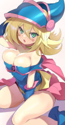 Rule 34 | 1girl, bare shoulders, blonde hair, blue eyes, blue headwear, blush, blush stickers, breasts, cleavage, dark magician girl, duel monster, highres, large breasts, long hair, looking at viewer, open mouth, pentacle, shimejinameko, solo, thighs, yu-gi-oh!, yu-gi-oh! duel monsters