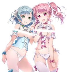 Rule 34 | 10s, 2girls, :d, akata itsuki, aqua hair, bang dream!, bar censor, bare shoulders, blue bow, blue choker, blue hair, bow, bow bra, bow legwear, bow panties, bra, bra lift, braid, breasts, censored, choker, commentary request, contrapposto, corset, cowboy shot, crotch seam, detached sleeves, frills, gluteal fold, green eyes, grin, hair bow, hair ribbon, highres, hikawa hina, holding, holding microphone, long hair, looking at viewer, maruyama aya, medium breasts, microphone, multiple girls, navel, no pants, open mouth, panties, pastel palettes (bang dream!), pink bow, pink bra, pink choker, pink eyes, pink hair, pink panties, ribbon, short hair, side-by-side, side-tie panties, side braids, simple background, smile, standing, thigh gap, thighhighs, thighs, twin braids, twintails, underwear, v, white background, white bra, white legwear, white panties, white ribbon, wrist bow, yellow bow