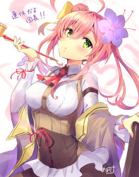 Rule 34 | 1girl, absurdres, ahoge, blush, breasts, commentary request, flower, flower knight girl, green eyes, hair flower, hair ornament, highres, kiseru, long sleeves, looking at viewer, medium breasts, pink hair, piyoyanagi, saffron (flower knight girl), signature, smoking pipe, solo, translation request, twintails, upper body