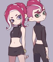 Rule 34 | 1boy, 1girl, agent 8 (splatoon), arms behind back, ass, asymmetrical sleeves, bad id, bad twitter id, black pants, black skirt, blue eyes, bracelet, closed mouth, commentary request, cowboy shot, crop top, gomi (kaiwaresan44), green eyes, grey background, head tilt, jewelry, light frown, long hair, looking at viewer, looking back, midriff, miniskirt, navel, nintendo, octoling, octoling boy, octoling girl, octoling player character, pants, pencil skirt, pointy ears, red hair, short hair, skirt, splatoon (series), splatoon 2, splatoon 2: octo expansion, squidbeak splatoon, standing, tentacle hair, uneven sleeves, zipper