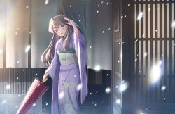 1girl :d arm_up brown_hair closed_umbrella floral_print_kimono fujishima_megumi game_cg grey_sash hair_ornament half_updo hasu_no_sora_karuta_(love_live!) highres holding holding_umbrella japanese_clothes kanzashi kimono link!_like!_love_live! long_hair long_sleeves looking_at_viewer love_live! motion_blur obi official_alternate_costume official_art oil-paper_umbrella open_mouth outdoors purple_eyes purple_kimono sash smile snowing solo standing third-party_source umbrella virtual_youtuber wide_sleeves