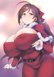 Rule 34 | 1girl, ahoge, areola slip, belt, breasts, brown belt, brown hair, capelet, cleavage, cleavage cutout, clothing cutout, cowboy shot, dress, fur-trimmed capelet, fur trim, hair ornament, hair ribbon, hairclip, highres, huge breasts, kantai collection, long hair, mamiya (kancolle), rampage 2nd, red dress, red eyes, red ribbon, ribbon, solo