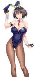 Rule 34 | 1girl, absurdres, animal ears, armband, azur lane, baltimore (azur lane), black gloves, blue leotard, blush, breasts, brown hair, character name, cleavage, detached collar, fake animal ears, fishnet pantyhose, fishnets, gloves, gluteal fold, halcon, half gloves, highleg, highleg leotard, highres, large breasts, leotard, looking at viewer, pantyhose, playboy bunny, rabbit ears, red neckwear, simple background, skindentation, solo, strapless, strapless leotard, white background, wrist cuffs, yellow eyes