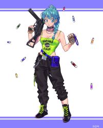 Rule 34 | 1girl, alternate costume, belt, black choker, black footwear, black neckwear, black pants, blue eyes, blue hair, blue nails, boots, braid, breasts, brown gloves, bulma, capsule, capsule corp, carrying over shoulder, chain, chain necklace, character name, choker, cleavage, clothes writing, commentary, curvy, dragon ball, dragon ball (classic), ear piercing, earrings, english commentary, english text, expressionless, eyelashes, fanny pack, female focus, finger on trigger, fingernails, full body, gloves, green tank top, gun, h&amp;k ump, handgun, highres, holding, holding gun, holding weapon, jewelry, letterboxed, looking away, medium breasts, nail polish, necklace, one-piece swimsuit, outside border, pants, piercing, radar, shiny skin, simple background, solo, standing, swimsuit, tank top, weapon, white background, wide-eyed, yuyurourou02