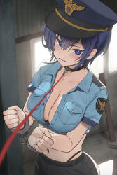Rule 34 | 1girl, black collar, black pants, blue eyes, blue hair, blurry, blush, breasts, cleavage, clenched hands, clenched teeth, collar, commission, crop top, cuffs, depth of field, hair between eyes, handcuffs, hands up, hat, highres, indoors, large breasts, leash, looking at viewer, midriff, navel, original, pants, panty straps, peaked cap, police, police hat, police uniform, policewoman, short hair, solo, stomach, sweatdrop, tears, teeth, twin (tt lsh), uniform, v-shaped eyebrows, viewer holding leash, window