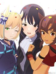Rule 34 | 3girls, :d, ;), animal ears, bitter glasse (umamusume), black hair, black hoodie, black jacket, blonde hair, blue hair, bow, breasts, brown eyes, brown hair, closed mouth, collared shirt, commentary request, confetti, crop top, cropped jacket, dark-skinned female, dark skin, dated, drawstring, frills, green eyes, hair between eyes, hair bow, hirota fruit, hood, hood down, hooded jacket, hoodie, horse ears, jacket, kashimoto riko, little cocon (umamusume), long sleeves, multicolored hair, multiple girls, one eye closed, open clothes, open jacket, open mouth, puffy long sleeves, puffy sleeves, red eyes, red jacket, shirt, signature, simple background, sleeves past wrists, small breasts, smile, streaked hair, striped, striped bow, twitter username, umamusume, upper body, white background, white shirt