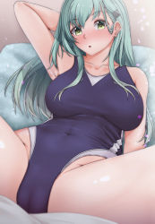Rule 34 | 1girl, :o, aga marino, aqua eyes, aqua hair, arm behind head, armpits, blue one-piece swimsuit, blush, breasts, cameltoe, collarbone, competition swimsuit, covered navel, cushion, green eyes, groin, hair ornament, hairclip, kantai collection, large breasts, long hair, looking at viewer, one-piece swimsuit, open mouth, sitting, solo, spread legs, suzuya (kancolle), swimsuit