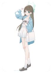 1girl absurdres airi_(band)_(blue_archive) airi_(blue_archive) bag black_footwear blue_archive blue_jacket blush brown_hair commentary dated full_body half_updo halo highres holding holding_bag jacket kneehighs logo_print long_hair looking_at_viewer pleated_skirt print_shirt shirt shirt_tucked_in signature simple_background skirt smile socks solo tachibana_shiori_(suica_112) very_long_hair white_background white_shirt white_skirt white_socks