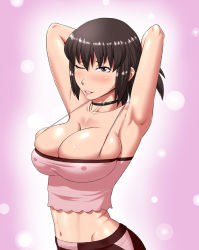 Rule 34 | 1girl, armpits, arms up, breasts, cleavage, large breasts, ml, navel, smile