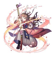 Rule 34 | 1girl, artist request, brown eyes, brown hair, closed mouth, fire emblem, fire emblem fates, fire emblem heroes, flower, full body, hair flower, hair ornament, hakama, hakama skirt, hana (fire emblem), headband, highres, holding, holding sword, holding weapon, japanese clothes, katana, kimono, kneeling, long hair, long sleeves, nintendo, non-web source, official art, on one knee, one eye closed, pantyhose, petals, sandals, sash, sheath, skirt, smile, solo, sparkle, sword, transparent background, weapon, wide sleeves, zouri