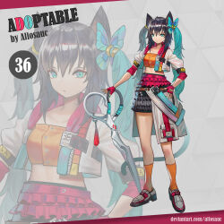 Rule 34 | 1girl, adoptable, allosauc, animal ears, ankle socks, aqua eyes, artist name, belt, belt buckle, black belt, black hair, black skirt, blue hair, border, buckle, butterfly hair ornament, buttons, cat ears, cat tail, closed mouth, collarbone, commentary, cropped jacket, deviantart username, english commentary, english text, fingerless gloves, frilled skirt, frills, full body, gloves, green nails, grey background, hair ornament, hand on own hip, highres, holding, holding scissors, hood, hood down, hooded jacket, jacket, light frown, long hair, long sleeves, looking at viewer, midriff, miniskirt, multicolored hair, multiple belts, nail polish, open clothes, open jacket, orange socks, orange tube top, original, oversized object, pink belt, pink border, pink gloves, pink hood, puffy long sleeves, puffy sleeves, scissors, shoes, skirt, sleeves past elbows, sneakers, socks, solo, strapless, tail, triangle background, tube top, twintails, two-tone hair, very long hair, white footwear, white jacket, white sleeves, zipper