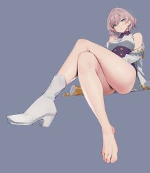Rule 34 | 1girl, absurdres, ankle boots, bare legs, bare shoulders, barefoot, blue background, blue eyes, boots, crossed legs, feet, foot focus, foreshortening, full body, gridman universe, high heel boots, high heels, highres, invisible chair, legs, light brown hair, looking at viewer, medium hair, mujina, shoes, simple background, single boot, single shoe, sitting, solo, ssss.dynazenon, toes, yd (orange maru)