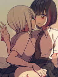 Rule 34 | 2girls, aoba moca, bang dream!, black hair, bob cut, collared shirt, eye contact, face-to-face, grey hair, hand on another&#039;s thigh, holding another&#039;s wrist, looking at another, mitake ran, mizukikushou, multicolored hair, multiple girls, necktie, pleated skirt, purple eyes, red hair, school uniform, shirt, short hair, short sleeves, skirt, streaked hair, white shirt, yuri