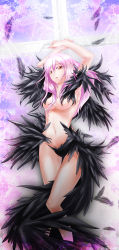 Rule 34 | 10s, 1girl, arms up, black feathers, breasts, censored, convenient censoring, cross, feathers, guilty crown, highres, jinkou tenshi, long hair, nail polish, navel, nude, pink hair, solo, yellow eyes, yuzuriha inori