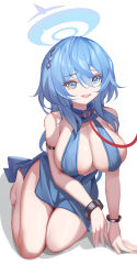 Rule 34 | 1girl, absurdres, ako (blue archive), ako (dress) (blue archive), backless dress, backless outfit, bare shoulders, blue archive, blue dress, blue eyes, blue hair, blush, bracelet, breasts, cleavage, collar, cuffs, dress, hair between eyes, hairband, halo, highres, jewelry, large breasts, leash, looking at viewer, luai, medium hair, official alternate costume, open mouth, shackles, sideboob, solo