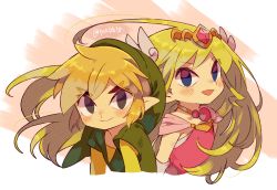 Rule 34 | 1boy, 1girl, artist name, belt, blonde hair, blue eyes, blush, commentary request, dress, floating hair, full body, gloves, green headwear, grey gloves, hair ornament, highres, holding, jewelry, link, long hair, multicolored hair, necklace, nintendo, pink dress, pointy ears, princess zelda, simple background, smile, the legend of zelda, the legend of zelda: spirit tracks, the legend of zelda: the wind waker, tiara, tokuura, toon link, toon zelda
