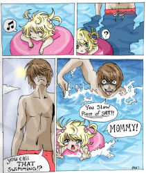 Rule 34 | 1boy, 1girl, 2008, ?, artist request, blonde hair, blush, brown hair, caustics, character request, child, closed eyes, death note, drawstring, english text, godshellsing, green eyes, hair bobbles, hair ornament, hair over eyes, innertube, lower teeth only, male swimwear, musical note, navel, one-piece swimsuit, open mouth, outstretched arms, parody, partially submerged, pink innertube, profanity, red male swimwear, red one-piece swimsuit, red swim trunks, scared, shadow, signature, source request, speech bubble, spoken musical note, spoken question mark, swim ring, swim trunks, swimming, swimming lessons, swimsuit, teeth, upper teeth only, wading, water, yagami light