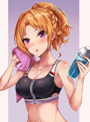 Rule 34 | 1girl, :o, bare arms, bare shoulders, blush, bottle, breasts, cleavage, collarbone, gradient background, hasumushi, highres, holding, holding bottle, holding towel, idolmaster, idolmaster cinderella girls, kiryu tsukasa (idolmaster), looking at viewer, medium breasts, navel, open mouth, orange hair, parted bangs, ponytail, purple background, purple eyes, short hair, solo, sports bra, towel, upper body, v-shaped eyebrows, zipper