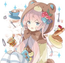 Rule 34 | 1girl, :d, animal ears, animal hood, bear hood, blue bow, blue eyes, blush, bow, brown bow, brown capelet, brown shirt, capelet, coffee, commentary, cup, fake animal ears, food, fork, fruit, hair between eyes, hand on own knee, highres, hood, hood up, hooded capelet, knees up, looking at viewer, mushroom, open mouth, original, pancake, pants, pantyhose, pink hair, puffy sleeves, saucer, shirt, sitting, smile, solo, spoon, strawberry, striped clothes, striped legwear, striped pantyhose, symbol-only commentary, tongs, tsukiyo (skymint), whipped cream