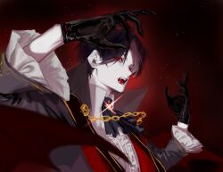 Rule 34 | black background, black gloves, black hair, black jacket, chinese commentary, commentary request, dark, emlyn white, fangs, gem, gloves, glowing, highres, jacket, lingluorz, looking at viewer, lord of the mysteries, open mouth, outstretched arms, pale skin, red eyes, shirt, simple background, spread arms, tongue, vampire, white shirt