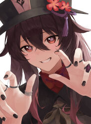 Rule 34 | 1girl, absurdres, black hat, black nails, collared coat, flower, flower-shaped pupils, genshin impact, ghost pose, hat, hat flower, highres, hu tao (genshin impact), inakanoinonaka, jewelry, multiple rings, porkpie hat, ring, solo, symbol-shaped pupils, thumb ring