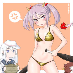 Rule 34 | 2girls, 3others, abyssal ship, anger vein, animal print, anti-personnel mine, anti-personnel weapon, bikini, black sailor collar, blue eyes, bokukawauso, border, club, club (weapon), commentary request, cowboy shot, cypress, enemy lifebuoy (kancolle), explosive, hair bobbles, hair ornament, hibiki (kancolle), horns, kanabou, kantai collection, looking at viewer, m18 claymore mine, mine (weapon), multiple girls, multiple others, oni horns, orange background, pink eyes, pink hair, rabbit, sailor collar, sazanami (kancolle), school uniform, serafuku, short hair, silver hair, solo focus, spiked club, spoken anger vein, standing, string bikini, swimsuit, tiger print, twintails, twitter username, two-tone background, verniy (kancolle), weapon, white border, white headwear