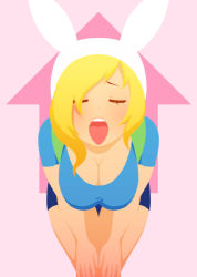 Rule 34 | 1girl, adventure time, animal hood, backpack, bad id, bad tumblr id, bag, bent over, blonde hair, blush, breasts, cleavage, downblouse, closed eyes, fionna the human girl, genderswap, genderswap (mtf), hair over one eye, hands on own knees, hood, imminent fellatio, large breasts, long hair, lowres, mike inel, open mouth, oral invitation, short shorts, shorts, solo, tongue, tongue out