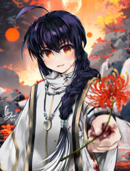 Rule 34 | 1other, ahoge, androgynous, black hair, blood, blood on clothes, blood on face, braid, braided ponytail, commentary request, fate/samurai remnant, fate (series), fingernails, flower, gradient hair, hair between eyes, hair intakes, holding, holding flower, japanese clothes, jewelry, karasuma pink, kimono, long hair, long sleeves, looking at viewer, multicolored hair, necklace, open mouth, orange eyes, outdoors, red flower, yamato takeru (fate), smile, solo, spider lily, two-tone hair, very long hair, white hair, white kimono