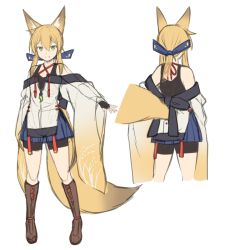 Rule 34 | 1girl, animal ears, bike shorts, black footwear, blonde hair, blue ribbon, boots, closed mouth, cropped legs, fang, fang out, fox ears, fox girl, fox tail, from behind, full body, green eyes, hair between eyes, hair ribbon, hand on own hip, inari (ryuusei), knee boots, long hair, looking at viewer, multiple views, original, ribbon, ryuusei (ryuuseiseikou), simple background, sketch, smile, standing, tail, tamakagura inari, white background, yagi (ningen)