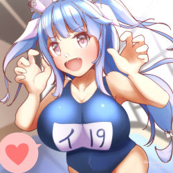 Rule 34 | 1girl, blue hair, breasts, collarbone, cowboy shot, fang, flower-shaped pupils, hair ribbon, heart, highres, i-19 (kancolle), kantai collection, large breasts, long hair, name tag, no count 0000, one-piece swimsuit, open mouth, red eyes, ribbon, school swimsuit, solo, swimsuit, symbol-shaped pupils, tri tails