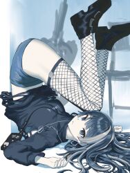 Rule 34 | 1girl, anpontan, black eyes, black footwear, black hair, black sweater, blue shorts, blue undershirt, blunt bangs, boots, commentary, earrings, fishnet thighhighs, fishnets, grey hair, hair flowing over, highres, hoshino ichika (project sekai), jewelry, lanyard, legs over head, legs up, looking at viewer, lying, multicolored hair, official alternate costume, official alternate hair color, official alternate hairstyle, on back, parted lips, shorts, sidelocks, smartphone case, solo, streaked hair, sweater, thighhighs, torn clothes, torn sweater, zozotown