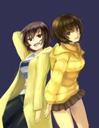 Rule 34 | 2girls, amagami, azumanga daiou, back-to-back, blue background, breasts, brown eyes, brown hair, crossover, drawfag, highres, hood, hoodie, kagura, kagura (azumanga daioh), lips, look-alike, multiple girls, nanasaki ai, open mouth, pants, short hair, skirt, smile