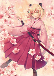 Rule 34 | 1girl, :d, ahoge, arm guards, black bow, blonde hair, blush, boots, bow, brown footwear, commentary request, cross-laced footwear, fate/grand order, fate (series), flower, hair between eyes, hair bow, hakama, hakama skirt, hand up, head tilt, highres, holding, holding sheath, japanese clothes, katana, kimono, koha-ace, lace-up boots, long sleeves, looking at viewer, okita souji (fate), okita souji (koha-ace), open mouth, petals, pink flower, pink kimono, red hakama, sato ame, sheath, sheathed, skirt, smile, solo, sword, weapon, wide sleeves, yellow eyes