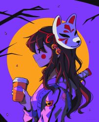 Rule 34 | 1girl, bell, black eyes, blush, branch, brown hair, coffee cup, cup, disposable cup, fox mask, from side, grey hoodie, hair bell, hair ornament, highres, holding, holding cup, hood, hood down, hoodie, long hair, making-of available, mask, mask on head, mechibaz, original, smile, solo, sword, weapon, weapon on back