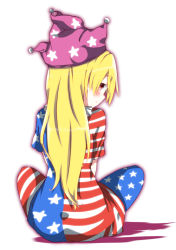 Rule 34 | 1girl, :o, american flag dress, american flag legwear, blonde hair, blush, clownpiece, from behind, hat, highres, jester cap, kz oji, long hair, looking at viewer, neck ruff, pantyhose, red eyes, sitting, solo, striped clothes, striped pantyhose, touhou, very long hair