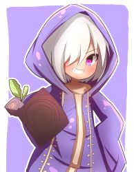 Rule 34 | 1girl, :d, absurdres, akebia fruit, beige dress, collarbone, commentary request, grin, hair over one eye, hand on own hip, highres, holding, holding stick, hood, hood up, hoodie, idaten93, long sleeves, looking at viewer, open mouth, original, personification, purple background, purple eyes, purple hoodie, short hair, sleeves past fingers, sleeves past wrists, smile, solo, stick, two-tone background, v-shaped eyebrows, white background, white hair