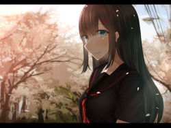 Rule 34 | 1girl, black hair, black serafuku, black shirt, blouse, blue eyes, cherry blossoms, closed mouth, collarbone, day, from side, hair ornament, hairclip, karube, letterboxed, long hair, looking at viewer, neckerchief, original, outdoors, power lines, red neckerchief, school uniform, serafuku, shirt, short sleeves, smile, solo, upper body