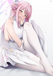 Rule 34 | 1girl, absurdres, angel wings, black scrunchie, blue archive, blush, breasts, closed mouth, commentary, dress, feathered wings, flower, hair bun, hair flower, hair ornament, highres, large breasts, long hair, looking at viewer, mika (blue archive), pantyhose, pink hair, purple flower, scrunchie, sideboob, single side bun, sleeveless, sleeveless dress, solo, white pantyhose, white wings, wings, wrist scrunchie, yanwulazy, yellow eyes