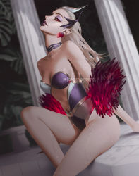 Rule 34 | 1girl, blurry, blurry background, breasts, choker, dutch angle, earrings, evelynn (league of legends), eyeshadow, feather boa, horns, jewelry, league of legends, lips, long hair, looking at viewer, makeup, medium breasts, navel, olesyaspitz, one-piece swimsuit, platinum blonde hair, pool party (league of legends), purple lips, red eyes, sitting, solo, strapless, strapless one-piece swimsuit, swimsuit, watermark, wet