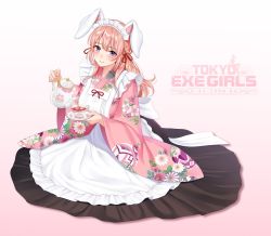Rule 34 | 1girl, animal ears, apron, blush, closed mouth, cup, fake animal ears, floral print, flower, frills, full body, gradient background, highres, japanese clothes, logo, long hair, long skirt, long sleeves, looking at viewer, maid, maid headdress, official art, pink background, pink hair, purple eyes, rabbit ears, re:shimashima, simple background, sitting, skirt, solo, tea, teacup, teapot, tokyo exe girls, wa maid, wide sleeves