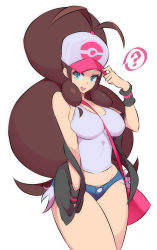 Rule 34 | 1girl, ?, adjusting clothes, adjusting headwear, ahoge, bag, baseball cap, between breasts, big hair, black vest, blue eyes, blue shorts, breasts, brown hair, commentary, covered navel, cowboy shot, creatures (company), curvy, denim, denim shorts, eyelashes, game freak, handbag, hat, highres, hilda (pokemon), large breasts, long hair, looking at viewer, midriff, nac000, nintendo, open clothes, open mouth, open vest, poke ball print, pokemon, pokemon bw, ponytail, short shorts, shorts, sidelocks, simple background, sleeveless, solo, spoken question mark, strap between breasts, sweatband, tank top, taut clothes, thighs, vest, white background, white hat, white tank top, wristband