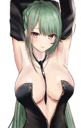 Rule 34 | 1girl, absurdres, armpits, arms up, azur lane, black dress, black neckwear, breasts, cleavage, closed mouth, detached sleeves, dress, efuri (riarea00), green hair, highres, jewelry, large breasts, littorio (azur lane), littorio (calabria aurea) (azur lane), long dress, long hair, looking at viewer, multicolored hair, necklace, neckwear between breasts, red eyes, sidelocks, smile, strapless, strapless dress, streaked hair, very long hair, white background