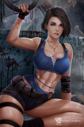 Rule 34 | 1girl, abs, asymmetrical hair, belt pouch, biceps, blue eyes, blush, breasts, brown hair, capcom, cleavage, eyeliner, fingerless gloves, gloves, highres, holster, jill valentine, large breasts, lips, looking at viewer, makeup, muscular, muscular female, nose blush, police badge, pouch, prywinko, redesign, resident evil, resident evil 3, resident evil 3: nemesis, resident evil 3 (remake), shirt, short hair, short shorts, shorts, shoulder holster, sitting, skindentation, solo, sweat, tank top, thigh strap, thighs, toned, torn clothes, torn shirt, yokozuwari, zombie