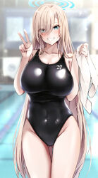 Rule 34 | 1girl, aga marino, alternate costume, aqua eyes, asuna (blue archive), black one-piece swimsuit, blonde hair, blue archive, blurry, blurry background, blush, breasts, cleavage, collarbone, commentary request, covered navel, grin, halo, hands up, holding, holding towel, large breasts, long hair, looking at viewer, one-piece swimsuit, parted lips, pool, smile, solo, swimsuit, teeth, thigh gap, thighs, towel, v, water