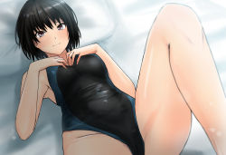 Rule 34 | 1girl, amagami, black eyes, black hair, black one-piece swimsuit, blouse, bob cut, breasts, competition swimsuit, dress shirt, highres, lying, nanasaki ai, one-piece swimsuit, shirt, short hair, small breasts, solo, swimsuit, white shirt, yoo tenchi