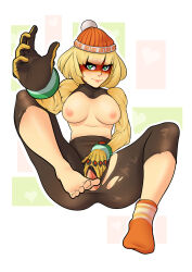 Rule 34 | 1girl, arms (game), bad id, bad tumblr id, blonde hair, breasts, green eyes, heart, heart-shaped pupils, highres, medium breasts, min min (arms), nipples, pussy, sassquatch, short hair, solo, symbol-shaped pupils