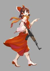 Rule 34 | 1girl, ak-47, assault rifle, bare shoulders, benikurage (cookie), boots, bow, breasts, brown eyes, brown hair, commentary request, cookie (touhou), detached sleeves, from side, grey background, gun, hair bow, hair tubes, hakurei reimu, hand up, highres, hundred-jpy, kalashnikov rifle, long hair, looking at viewer, open mouth, orange scarf, pointing, red bow, red skirt, red vest, ribbon-trimmed sleeves, ribbon trim, rifle, scarf, sidelocks, simple background, skirt, skirt set, small breasts, smile, solo, touhou, vest, weapon, white footwear