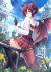 Rule 34 | 1girl, ahoge, back cutout, black thighhighs, blue sky, blush, book, breasts, brown footwear, building, clothing cutout, cloud, dated, day, dragon girl, dragon horns, dragon tail, dragon wings, grea (shingeki no bahamut), hair between eyes, highres, holding, holding book, horns, large breasts, loafers, looking at viewer, moss, on railing, open mouth, outdoors, plaid, plaid skirt, pleated skirt, pointy ears, purple hair, railing, red eyes, shingeki no bahamut, shirt, shoes, short hair, signature, sitting, skirt, sky, solo, tail, thighhighs, white shirt, wings, yoshino ryou